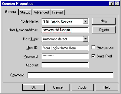 WS FTP Session
Properties General Tab